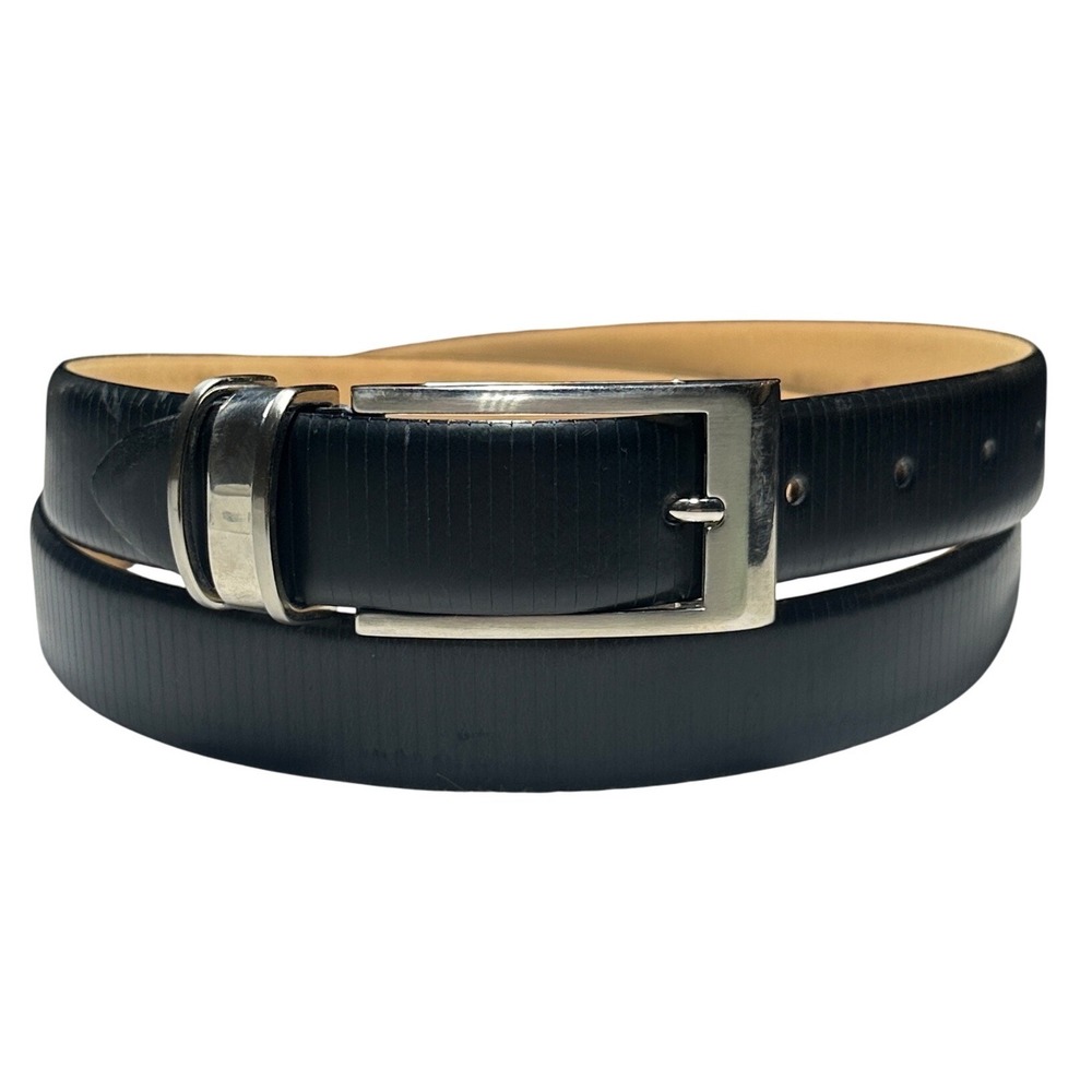 Code Azure Leather Belt Mens 44 Black‎ Made in Italy Textured Silver Buckle